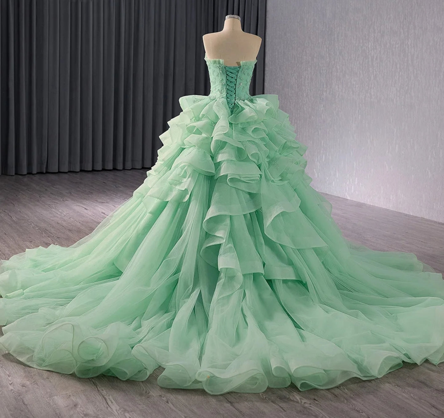 Strapless Mint Green 2024 Ruffled Sweetheart Edge Trimmed Scattered Sequin Appliqué Quinceañera, Pageant, Bat Mitzvah, Pageant, Sweet 16, Gala Ruffle Layered Gown