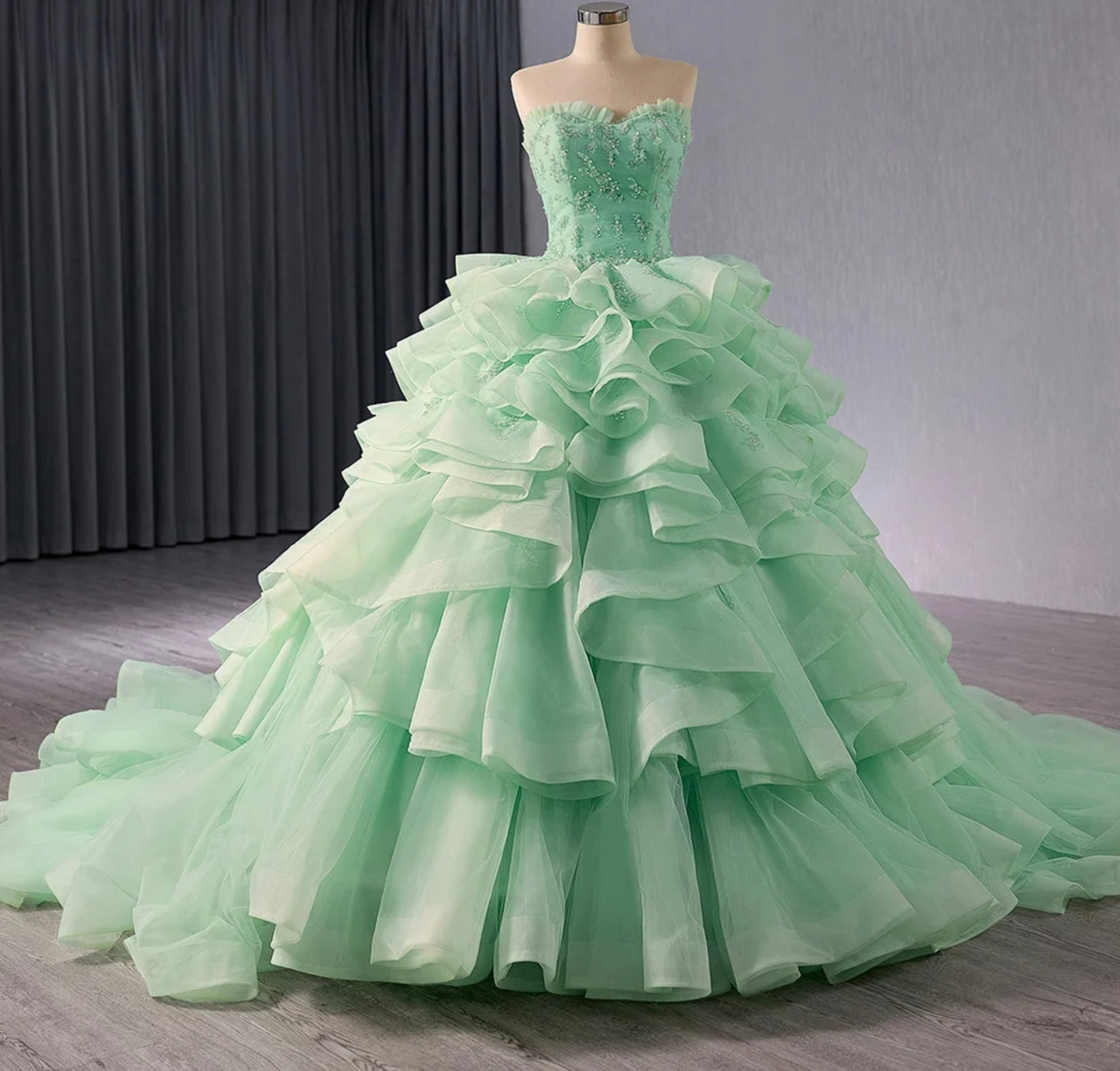 Strapless Mint Green 2024 Ruffled Sweetheart Edge Trimmed Scattered Sequin Appliqué Quinceañera, Pageant, Bat Mitzvah, Pageant, Sweet 16, Gala Ruffle Layered Gown