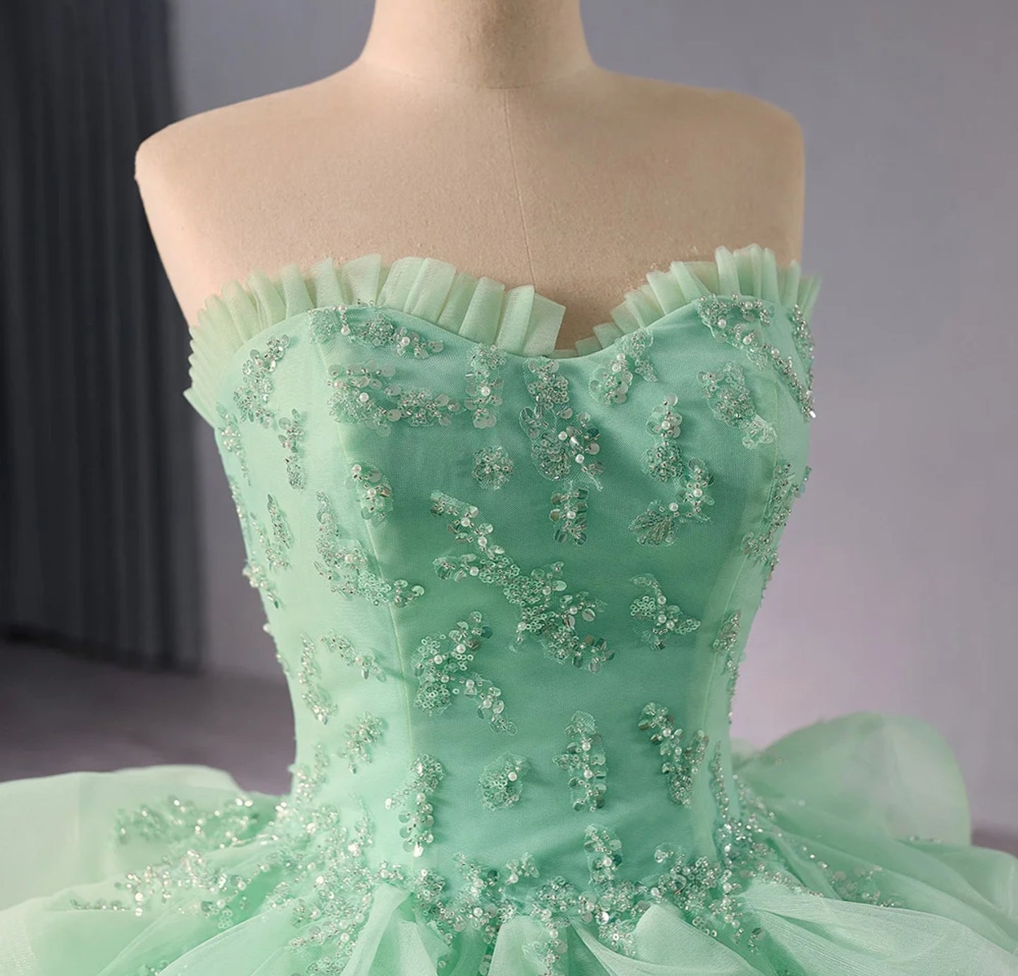 Strapless Mint Green 2024 Ruffled Sweetheart Edge Trimmed Scattered Sequin Appliqué Quinceañera, Pageant, Bat Mitzvah, Pageant, Sweet 16, Gala Ruffle Layered Gown