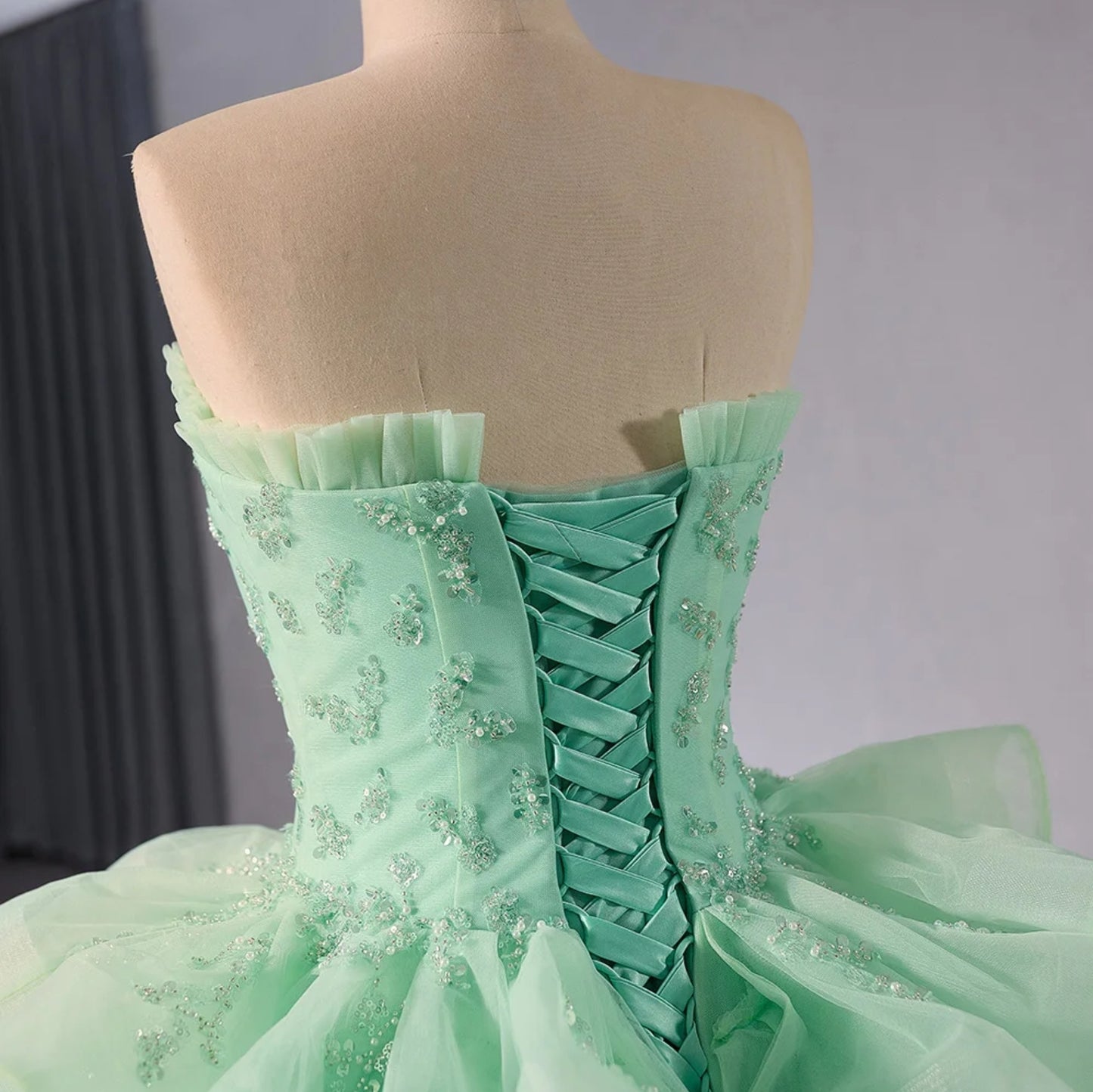 Strapless Mint Green 2024 Ruffled Sweetheart Edge Trimmed Scattered Sequin Appliqué Quinceañera, Pageant, Bat Mitzvah, Pageant, Sweet 16, Gala Ruffle Layered Gown