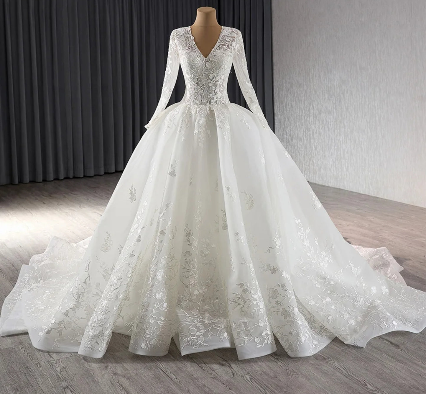 Beautiful Floral Lace 2024 Long Sleeve V Neck Modest Bride Wedding Gown