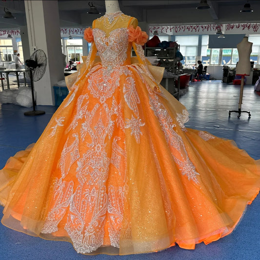 Fall Inspired 2024 Orange Sequinned Multi Beaded Sheer Illusion Sweetheart Long Puff Sleeve A-Line Unique Bridal, Quinceañera,  Gala, Sweet Sixteen, Pageant,  Special Occasion Ball Gown