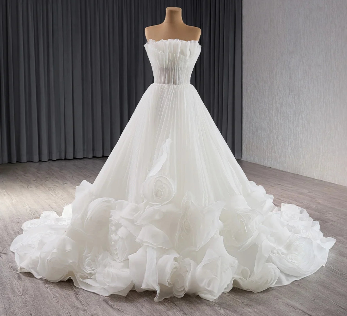 Pleated Ruffle 2024 Boat Neck Strapless A-Line Gown With Oversized Flower Hem Detail Front And Back