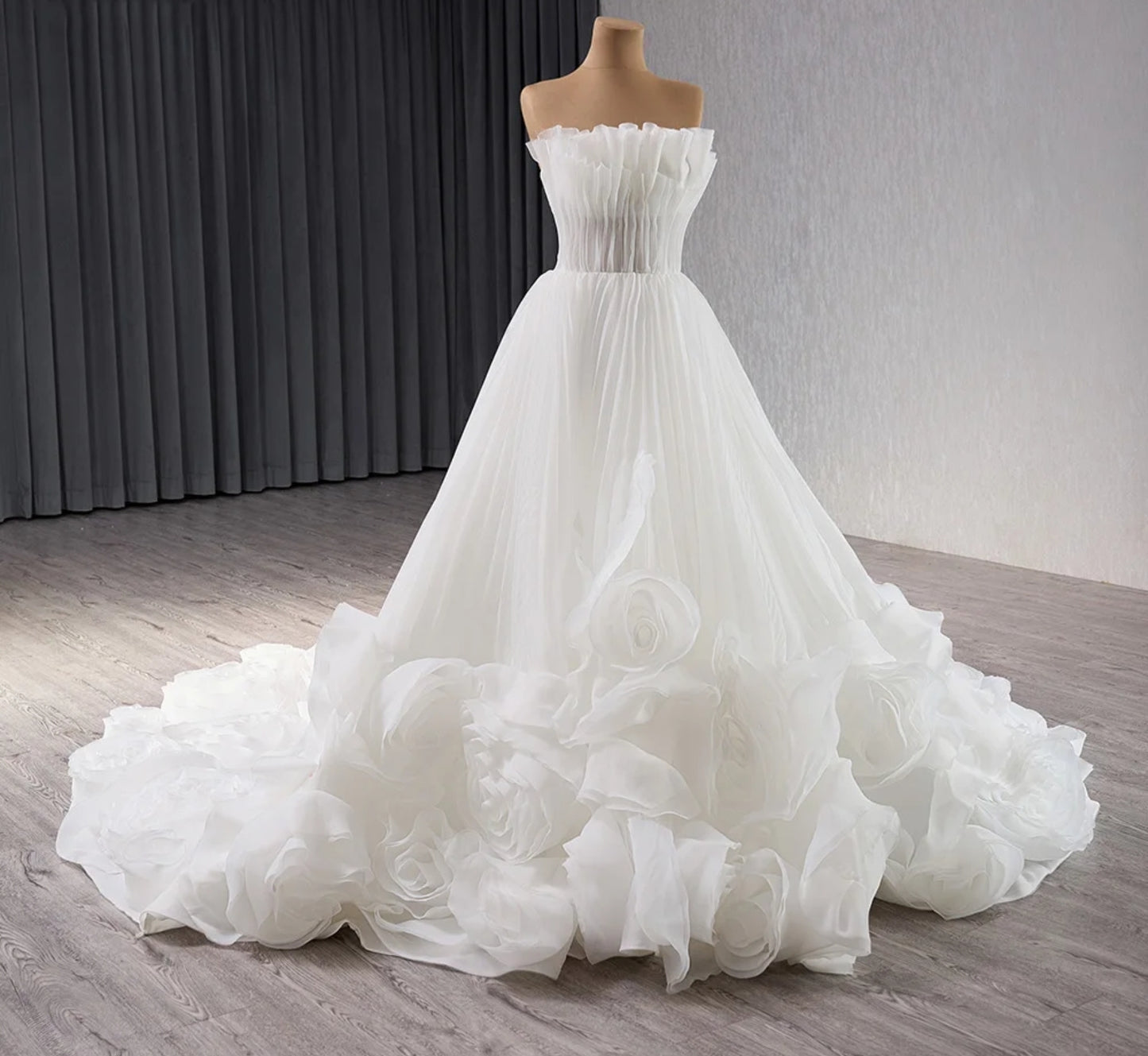 Pleated Ruffle 2024 Boat Neck Strapless A-Line Gown With Oversized Flower Hem Detail Front And Back