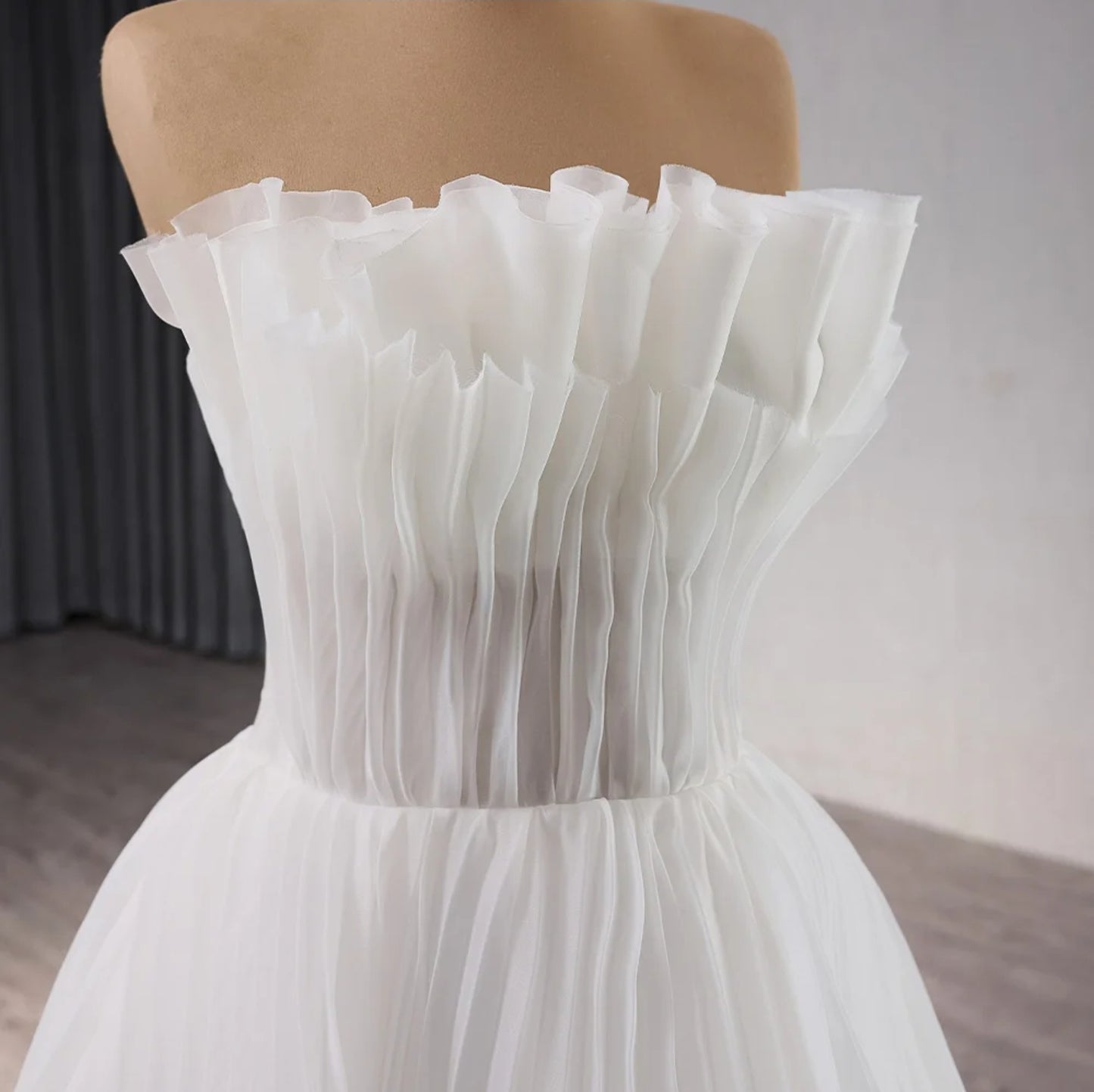 Pleated Ruffle 2024 Boat Neck Strapless A-Line Gown With Oversized Flower Hem Detail Front And Back