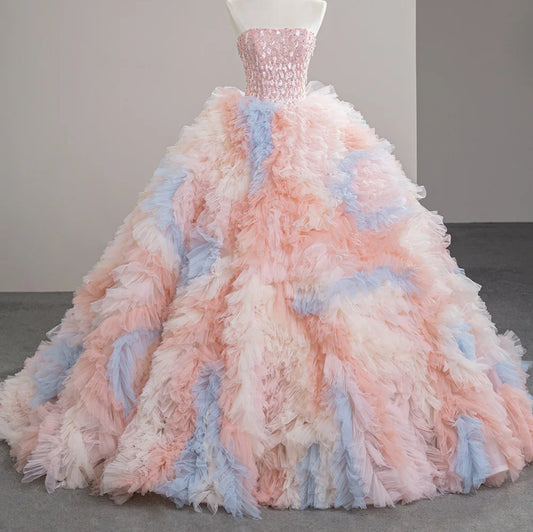 Sparkling Strapless Boat Neck Multi Frilled A-Line Pinks And Blues Special Occasion 2024 Ball Gown