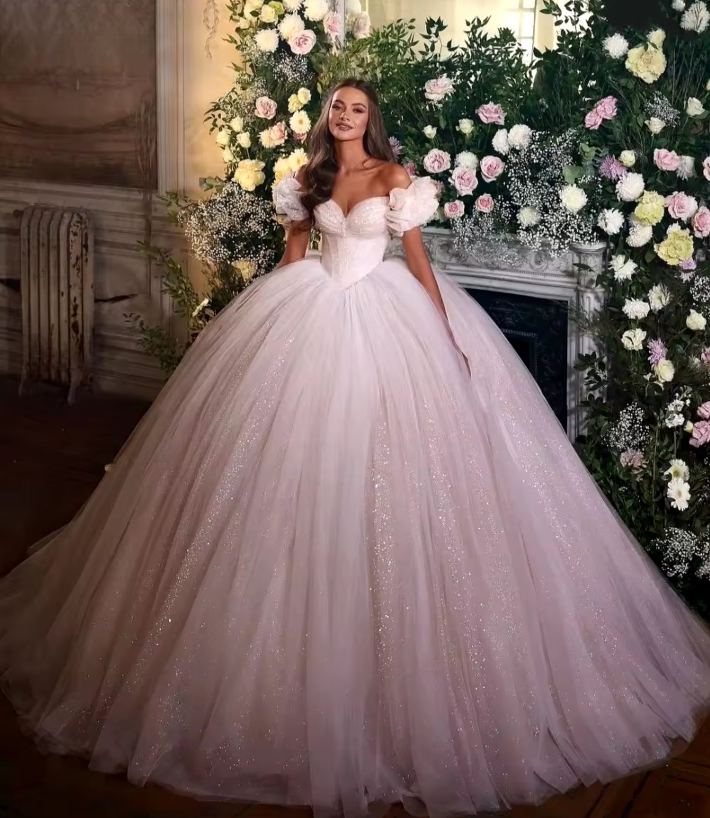 Sweetheart Off The Shoulder Glitter Princess Ball Gown