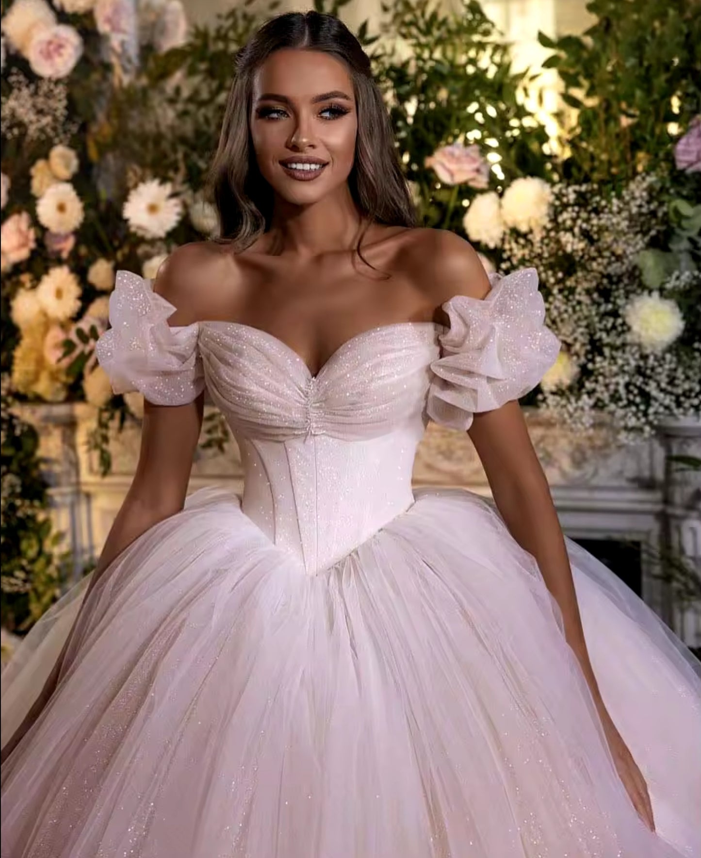 Sweetheart Off The Shoulder Glitter Princess Ball Gown