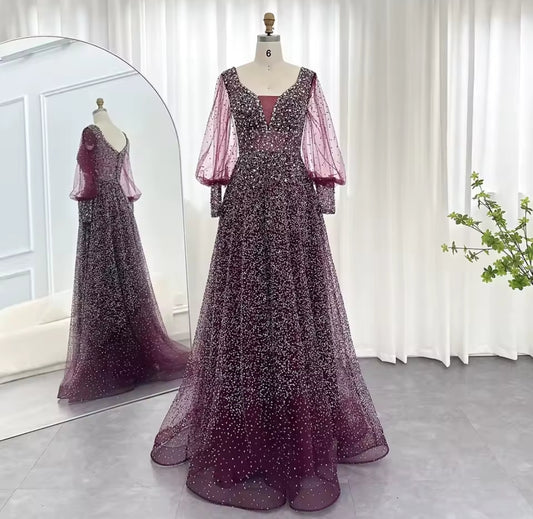 Sheer Full Sleeve Multi Crystal Beaded Grape Formal Gown