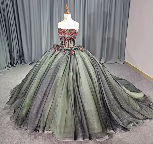 Stunning 2025 Glittering Shimmering Strapless Floral Bodice Quinceañera & Special Occasion Ball Gown