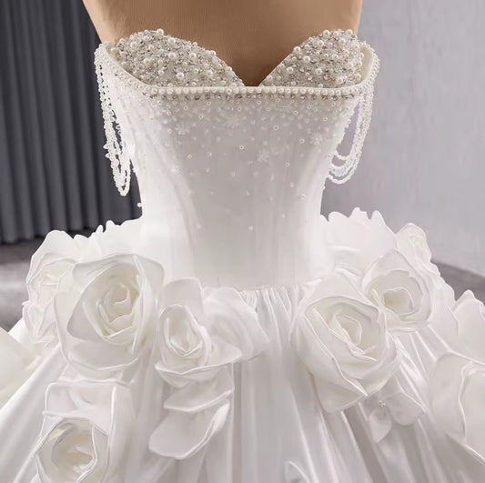 Flawless Modern Bride 2025 Strapless Multi Beaded Corset Bodice With Draping & 3D Floral Detail Bridal Gown