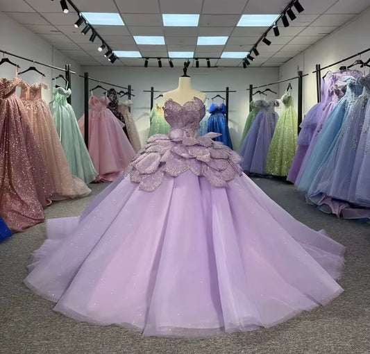 2025 Stunning Layered Glitter Purple Flower Petal Sweetheart A-Line Quinceañera, Special Occasion Ball Gown