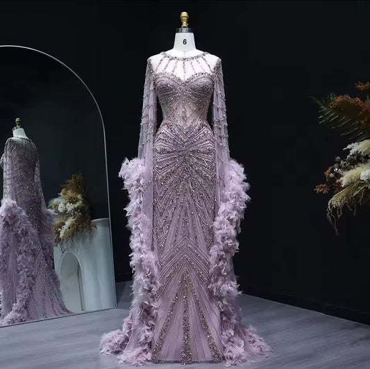 Stunning Multi Beaded Throughout Mermaid Special Occasion Gown With Feather Detail Long Sleeves