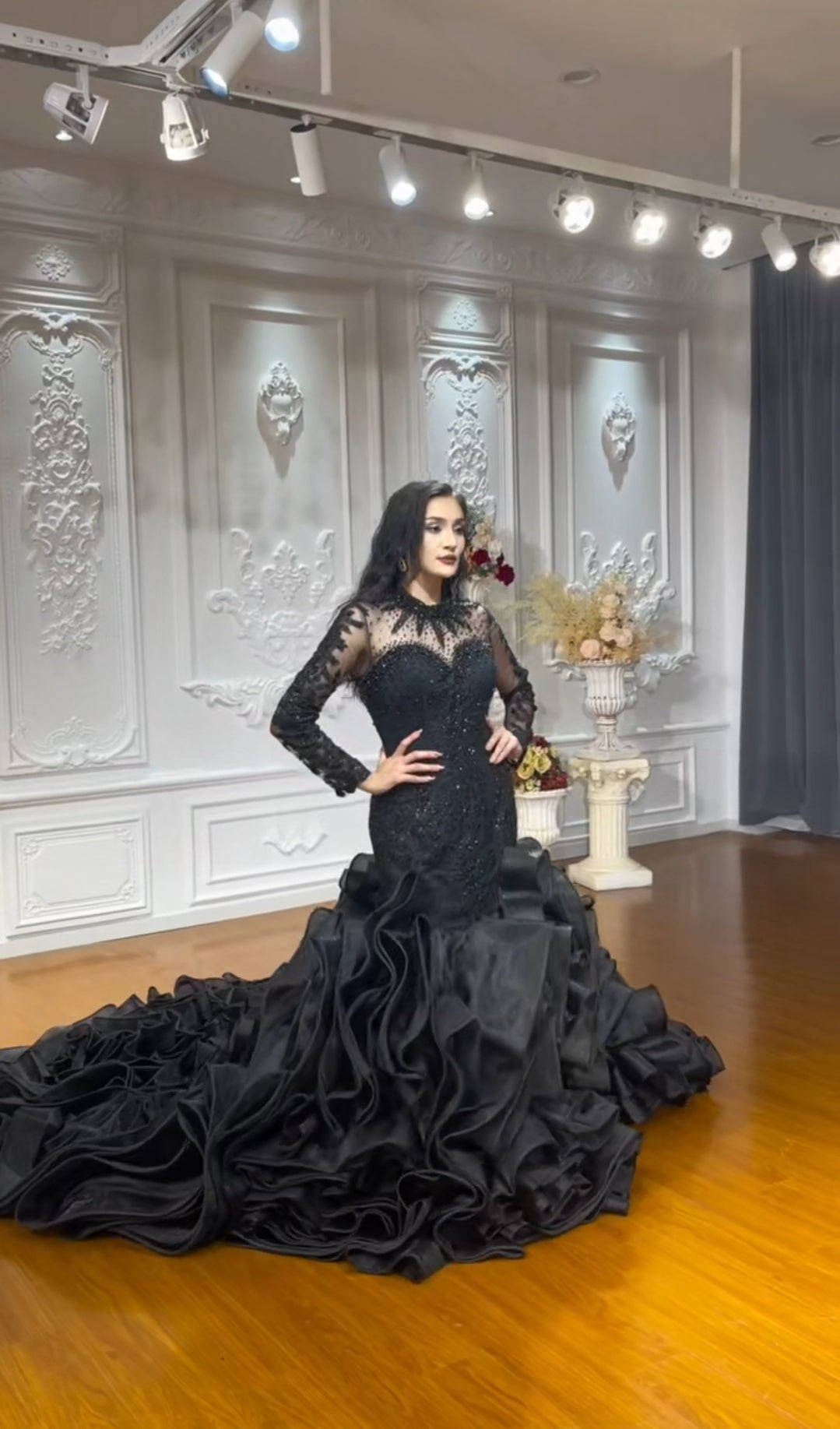 Black Sheer Long Sleeve Sequinned Beaded Sweetheart Illusion Mermaid Gown With Gorgeous Multi Layered Ruffles