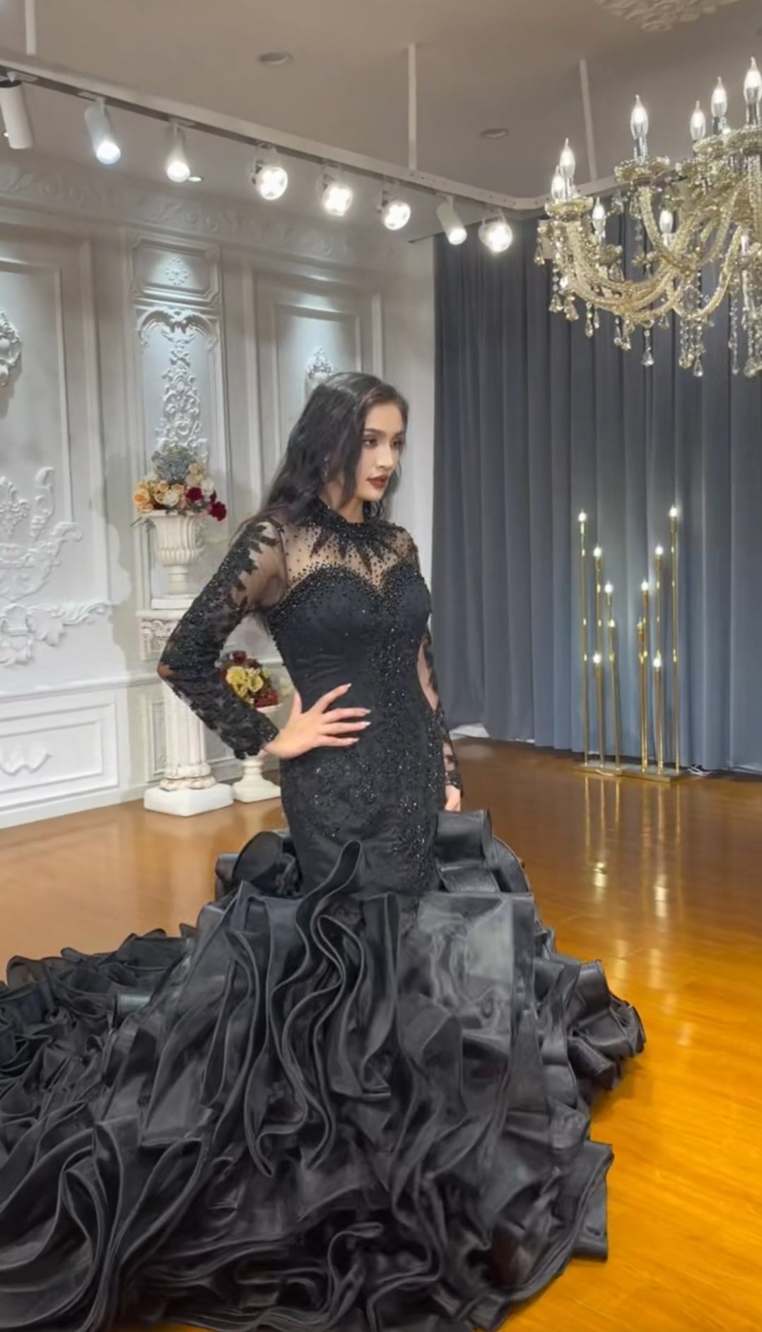 Black Sheer Long Sleeve Sequinned Beaded Sweetheart Illusion Mermaid Gown With Gorgeous Multi Layered Ruffles