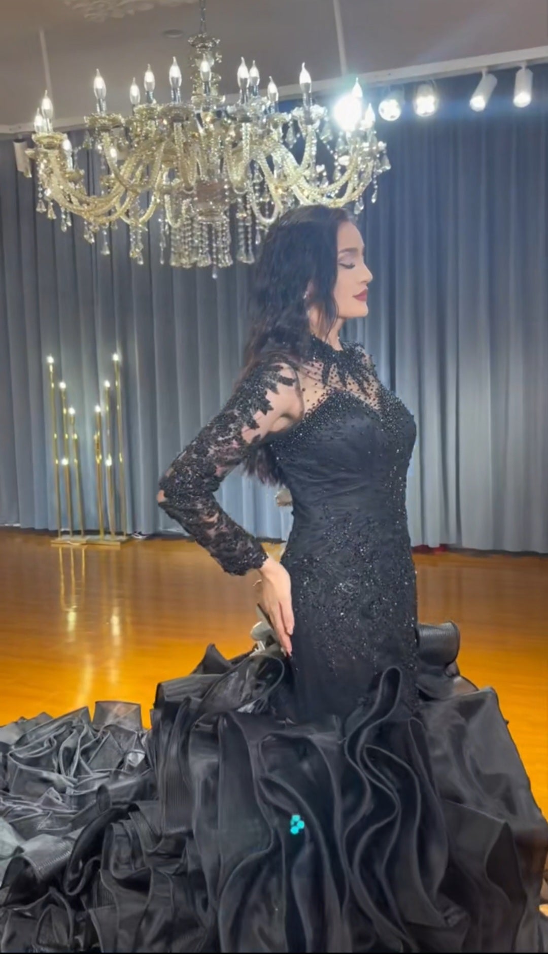 Black Sheer Long Sleeve Sequinned Beaded Sweetheart Illusion Mermaid Gown With Gorgeous Multi Layered Ruffles