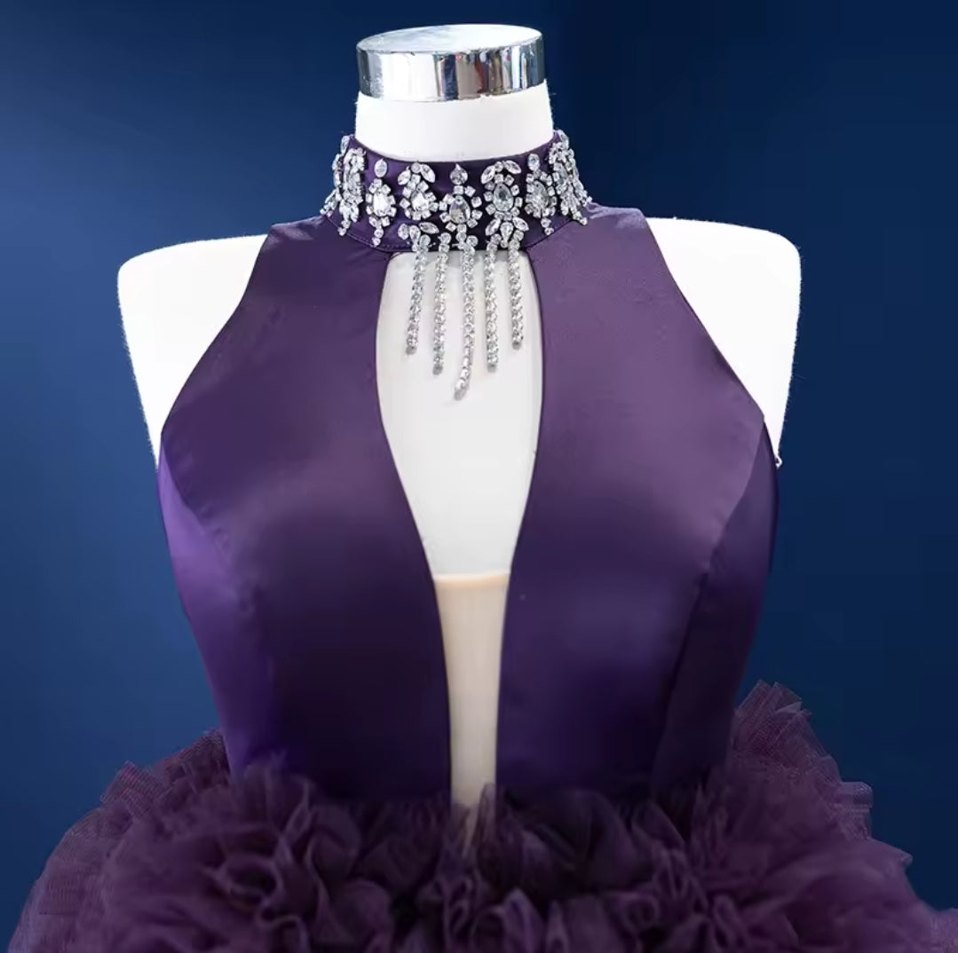 Beaded Rhinestone Embellished Halter Neckline With Pleated Bodice And High Low Layered Frill Sculpted Skirt