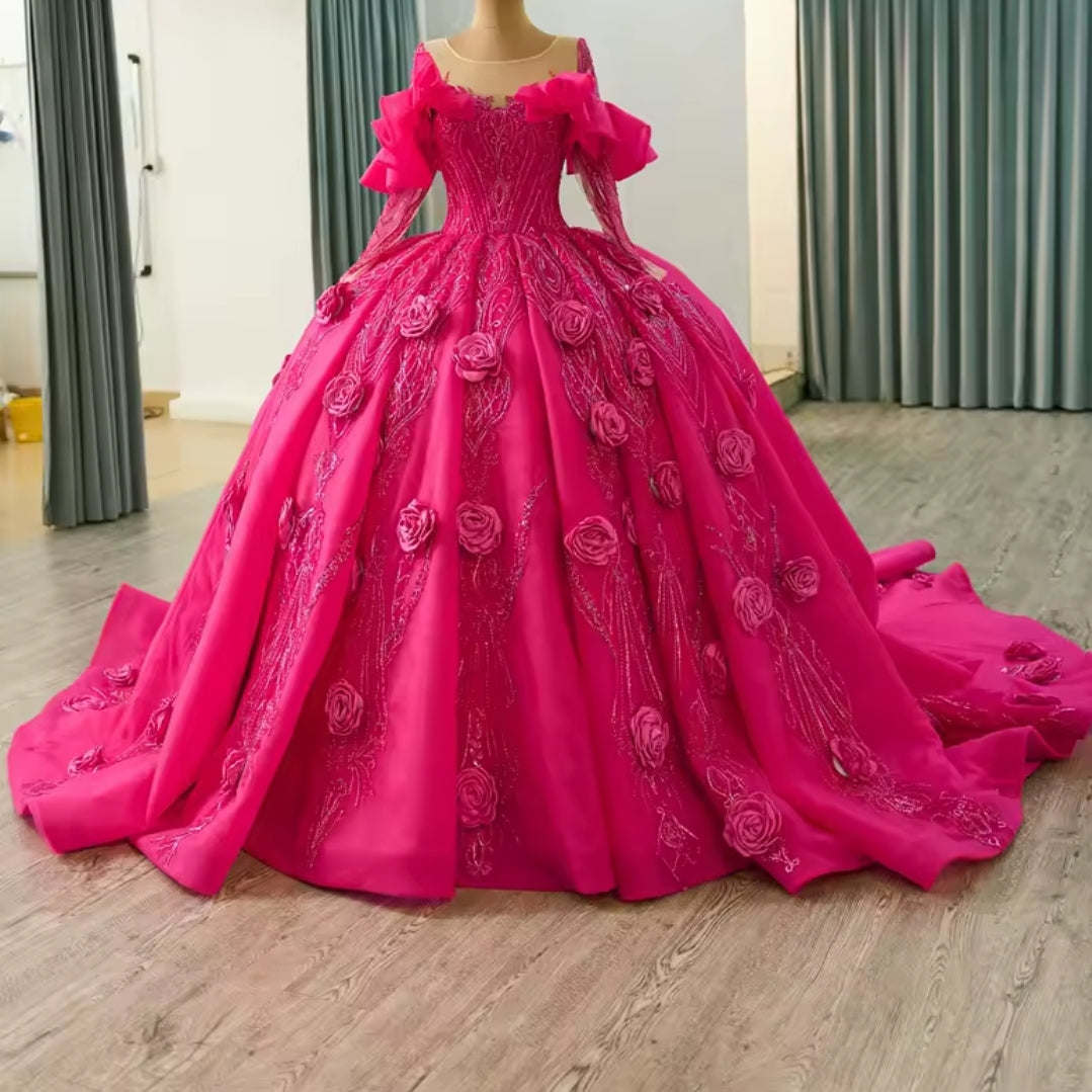 Beautiful Pink Illusion Long Sleeve Ruffled A-Line 3D Scattered Floral Ball Gown