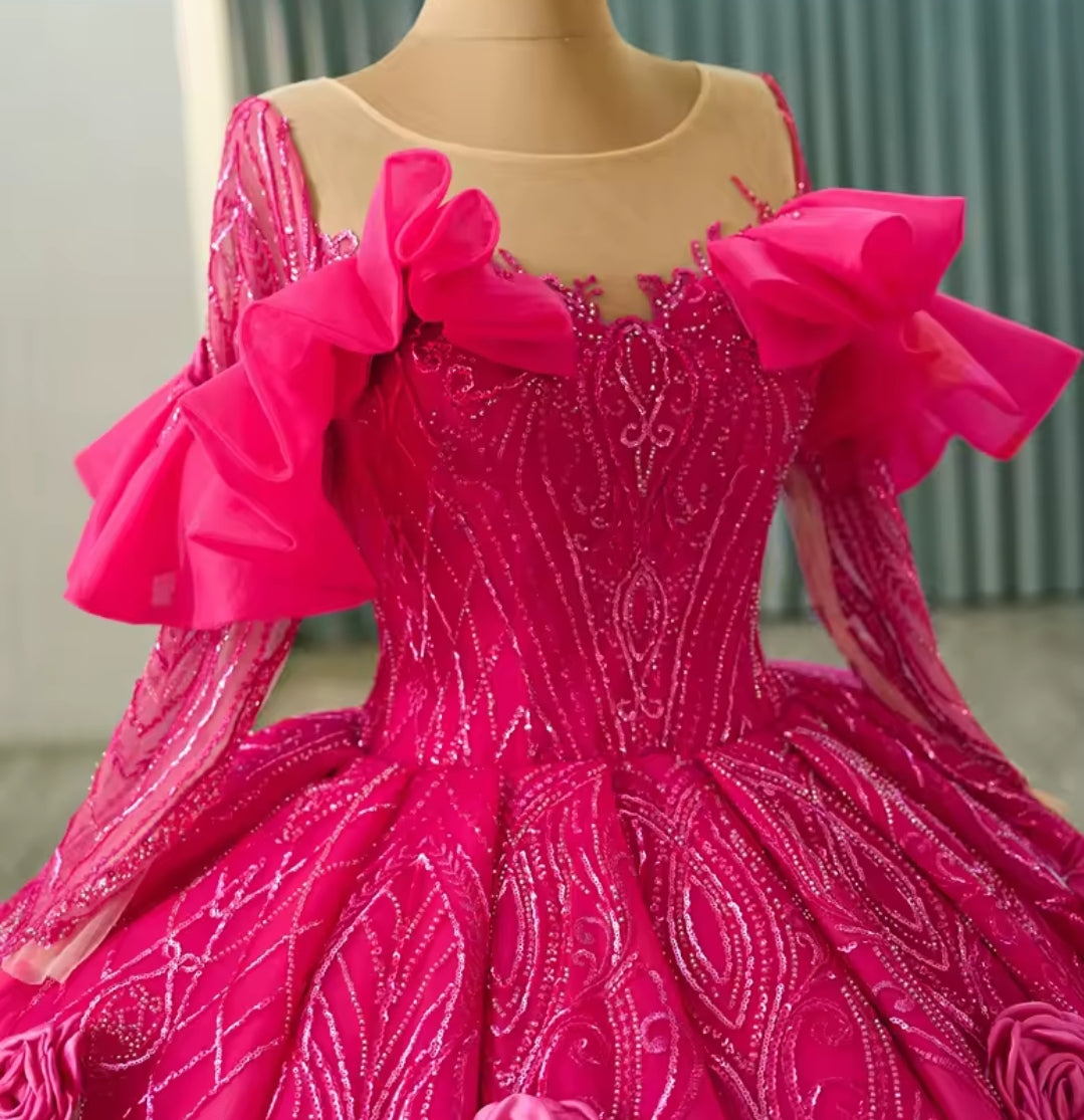 Beautiful Pink Illusion Long Sleeve Ruffled A-Line 3D Scattered Floral Ball Gown