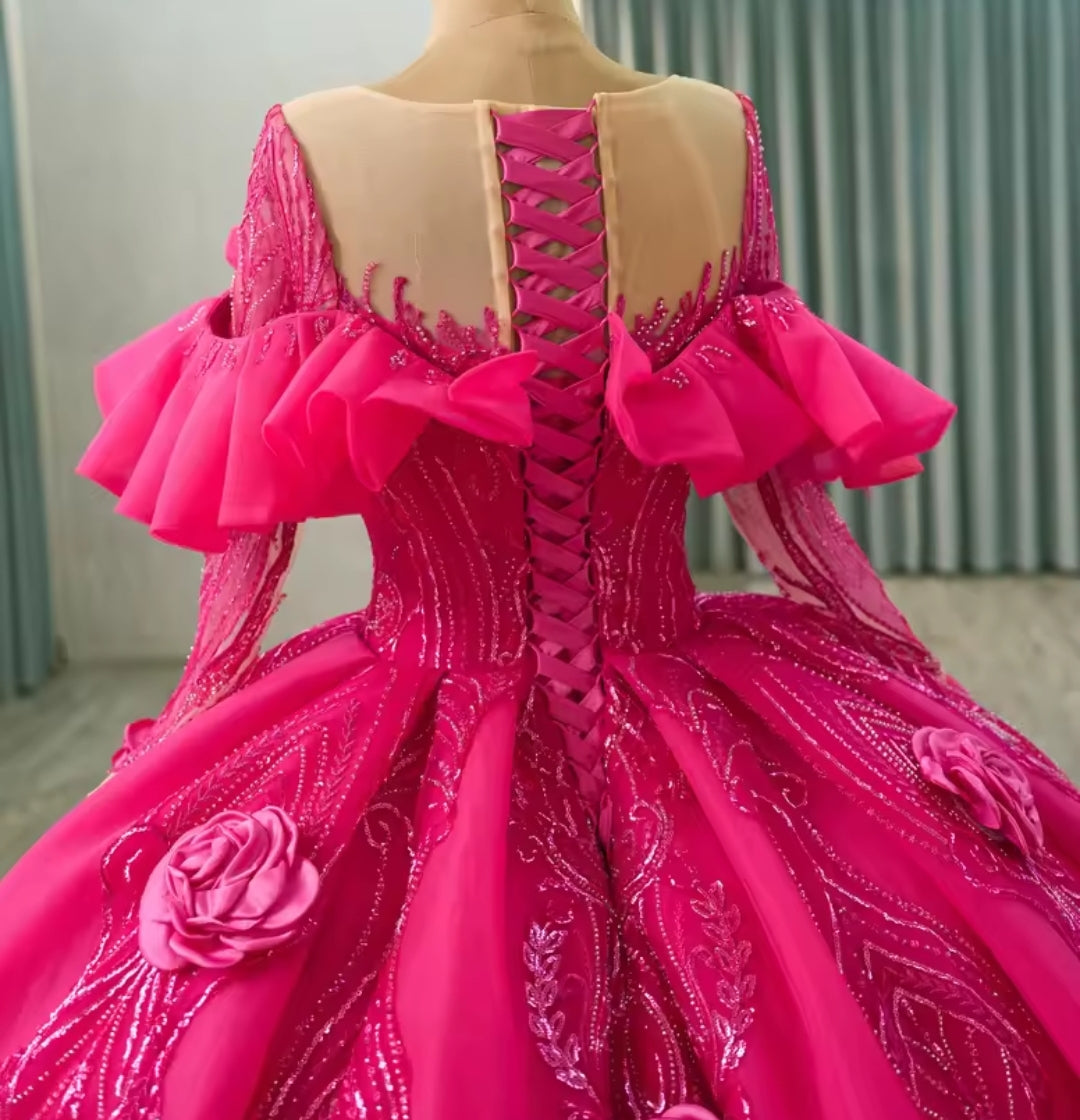 Beautiful Pink Illusion Long Sleeve Ruffled A-Line 3D Scattered Floral Ball Gown