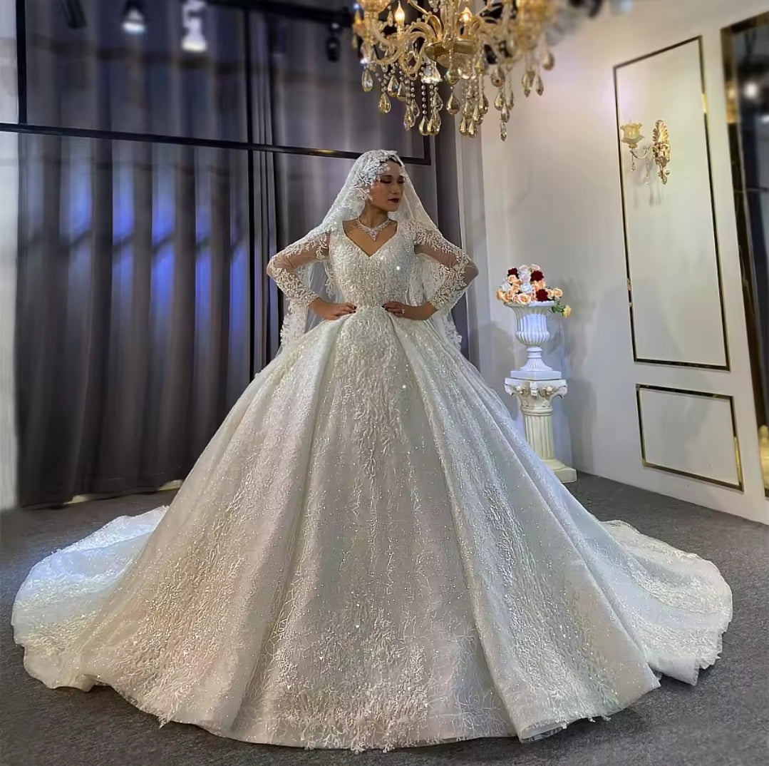 Full Beaded Floral Lace Princess Sweetheart Bridal Ball Gown