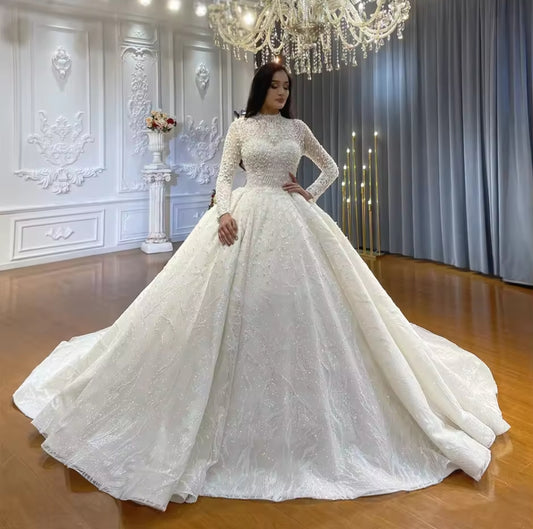 Beautiful Muslim Inspired Modest Mid Neck Long Sleeve Sweetheart Intricate Beaded Lace Bridal Gown