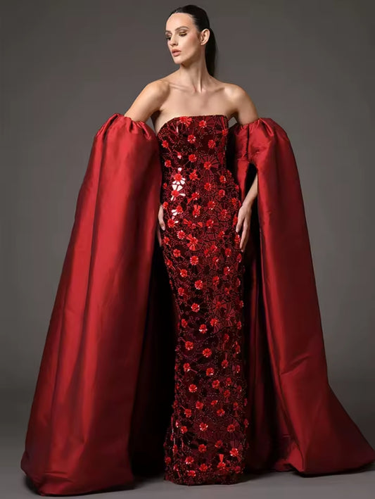 Satin Floor Length Split Bicep Dramatic Detached Sleeves