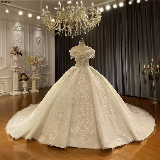 Floral Trimmed Sweetheart Beaded Draped Off The Shoulder Cap Sleeve Organza Princess Bridal Ball Gown