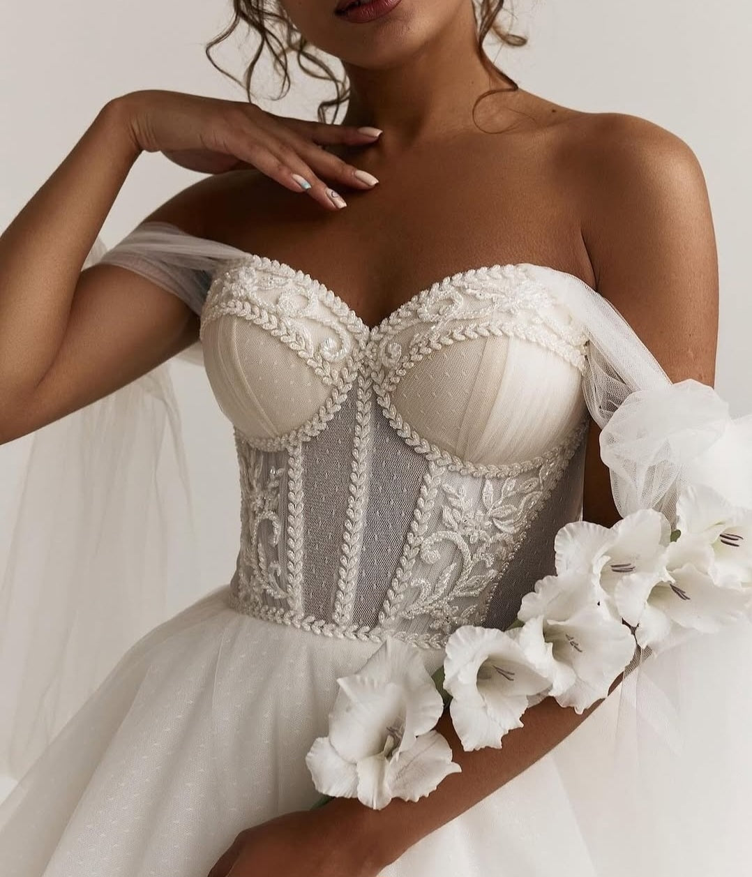Tulle Bow Off The Shoulder Lace Beaded Floral Vine Sweetheart Bodice Bridal Gown