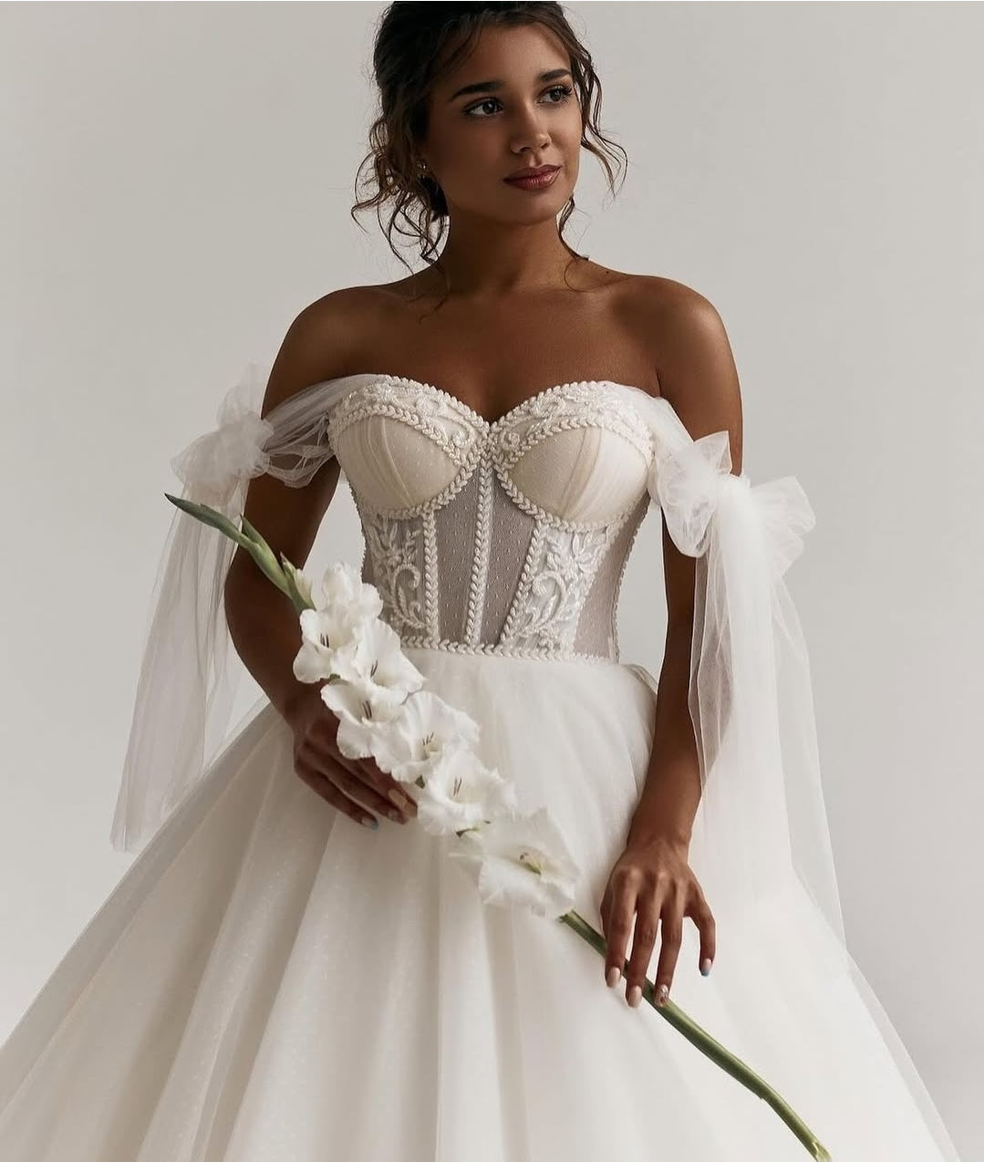 Tulle Bow Off The Shoulder Lace Beaded Floral Vine Sweetheart Bodice Bridal Gown