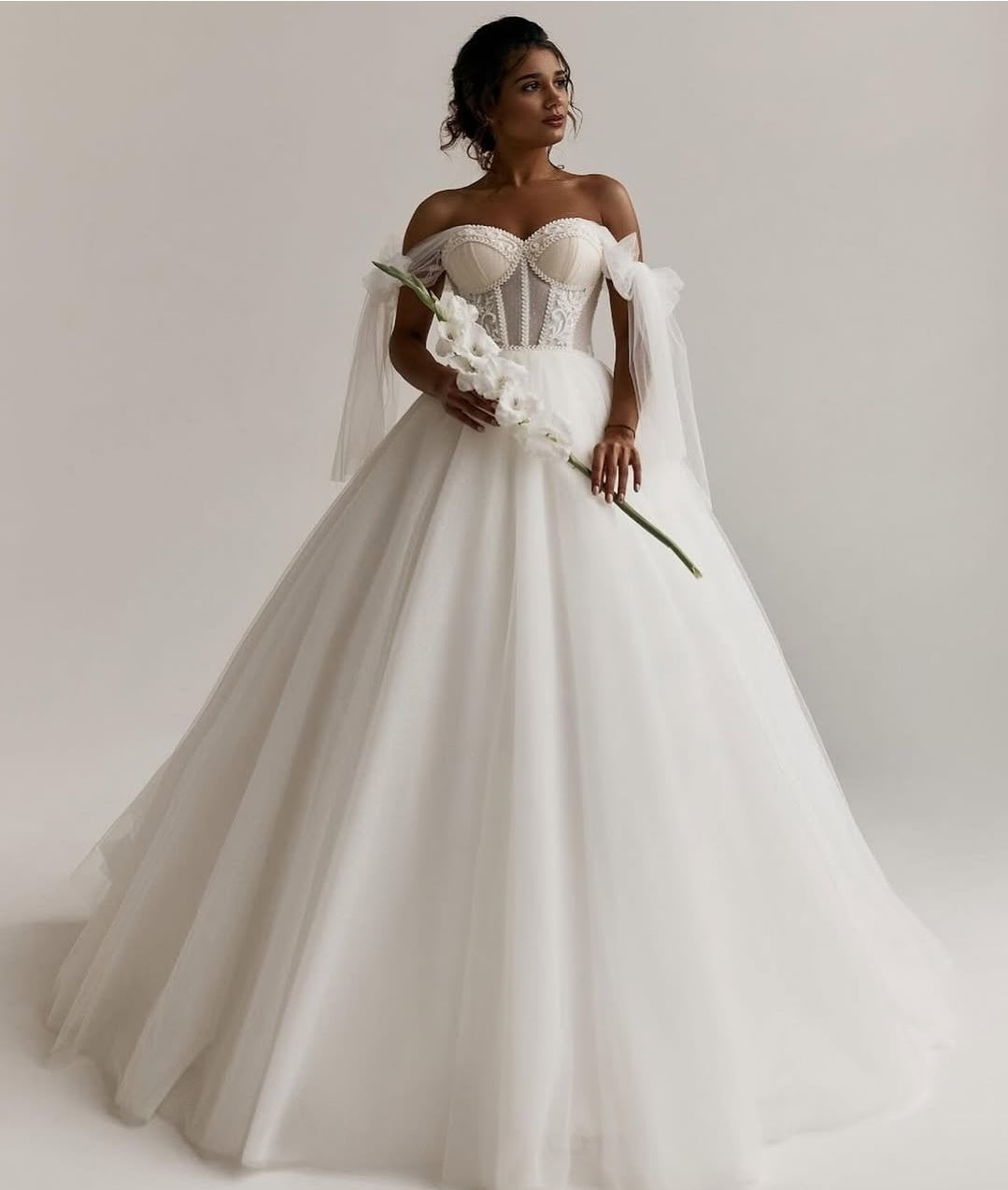 Tulle Bow Off The Shoulder Lace Beaded Floral Vine Sweetheart Bodice Bridal Gown