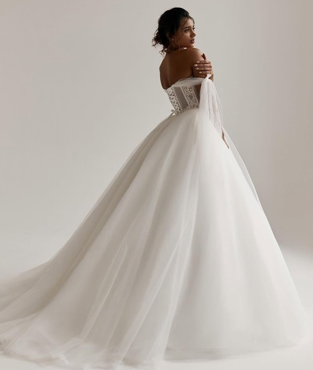 Tulle Bow Off The Shoulder Lace Beaded Floral Vine Sweetheart Bodice Bridal Gown