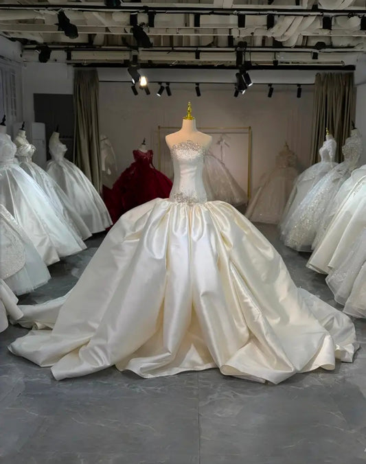 Strapless Multi Beaded Scattered Strapless Beautiful Satin 2026 Fit To Flare Wedding Gown