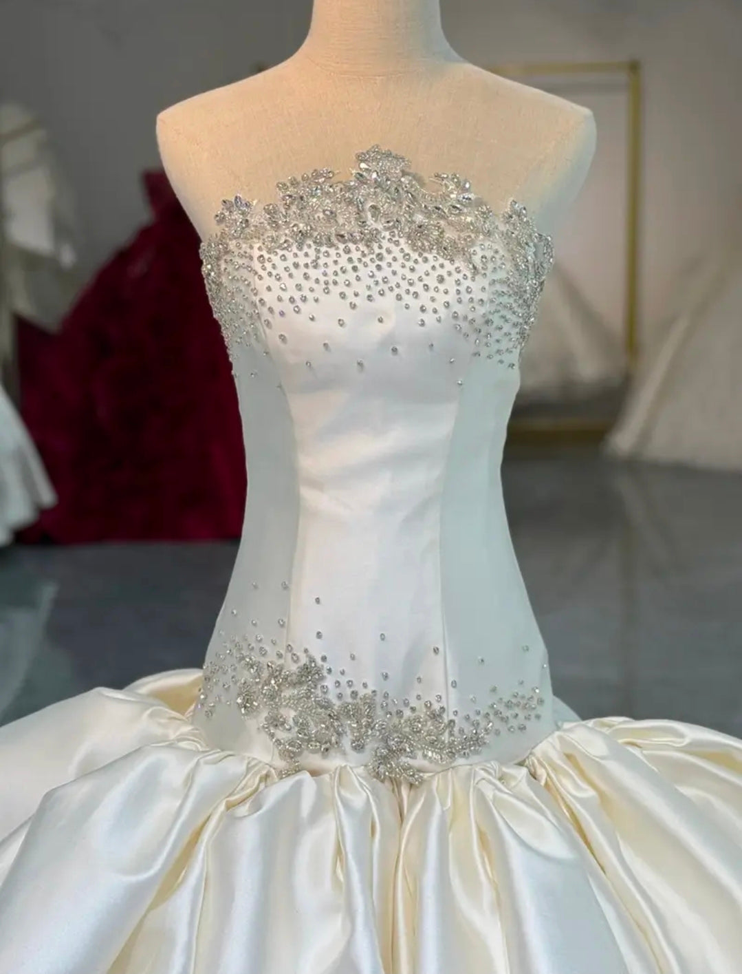 Strapless Multi Beaded Scattered Strapless Beautiful Satin 2026 Fit To Flare Wedding Gown