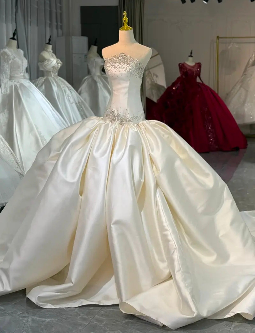 Strapless Multi Beaded Scattered Strapless Beautiful Satin 2026 Fit To Flare Wedding Gown