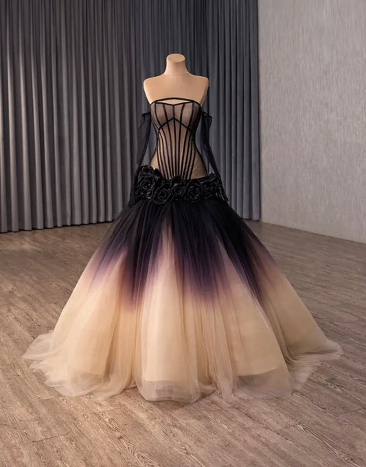 Stunning Black & Beige Corset Style Ombre Fit To Flare Strapless Prom/Evening/Special Occasion 2026 Gown With Detachable Sleeves