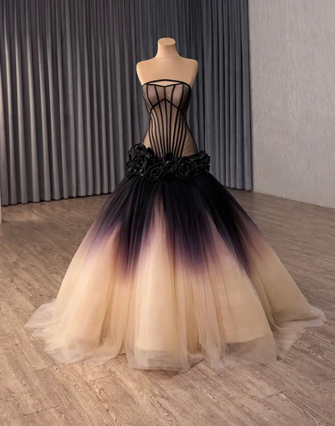 Stunning Black & Beige Corset Style Ombre Fit To Flare Strapless Prom/Evening/Special Occasion 2026 Gown With Detachable Sleeves