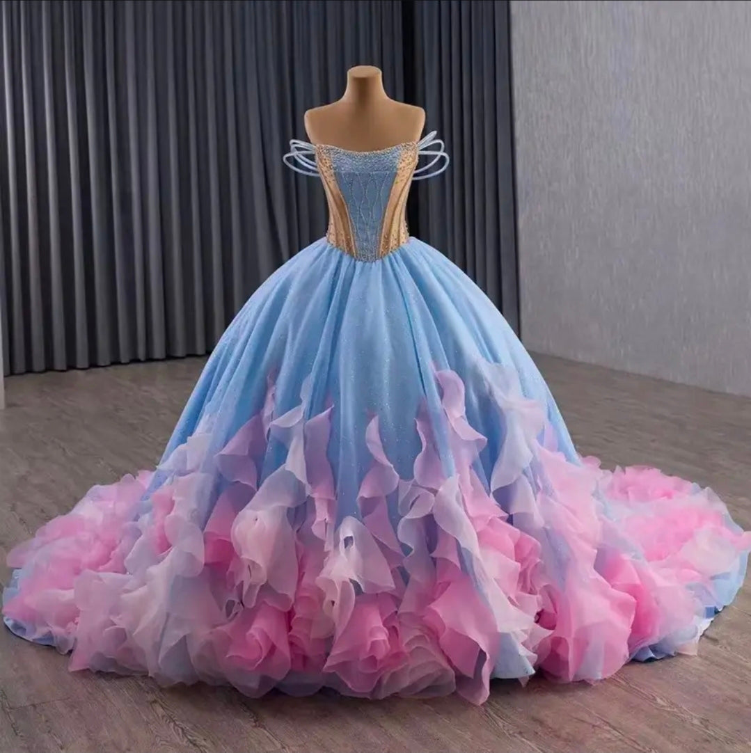 Triple Layer Beaded Strap Off The Shoulder Pink/Blue Scoop Neck With Multi Beaded Gold Touch A-Line Quinceañera/Special Occasion Gown