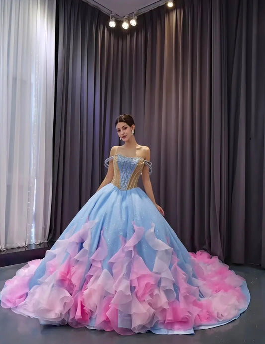 Triple Layer Beaded Strap Off The Shoulder Pink/Blue Scoop Neck With Multi Beaded Gold Touch A-Line Quinceañera/Special Occasion Gown