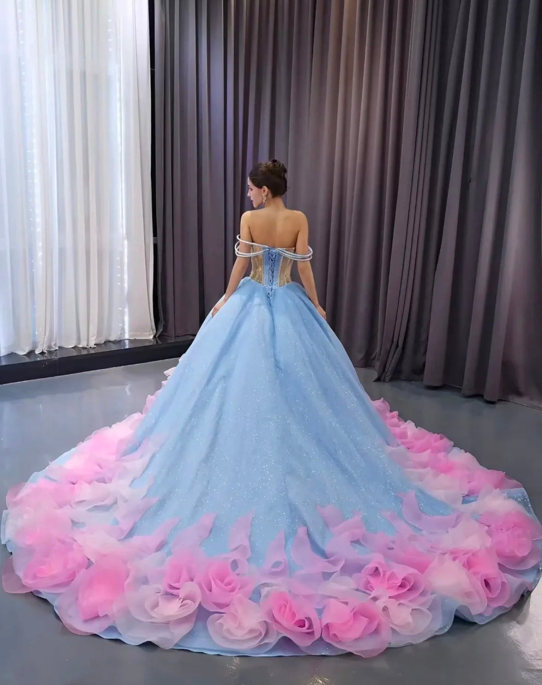 Triple Layer Beaded Strap Off The Shoulder Pink/Blue Scoop Neck With Multi Beaded Gold Touch A-Line Quinceañera/Special Occasion Gown