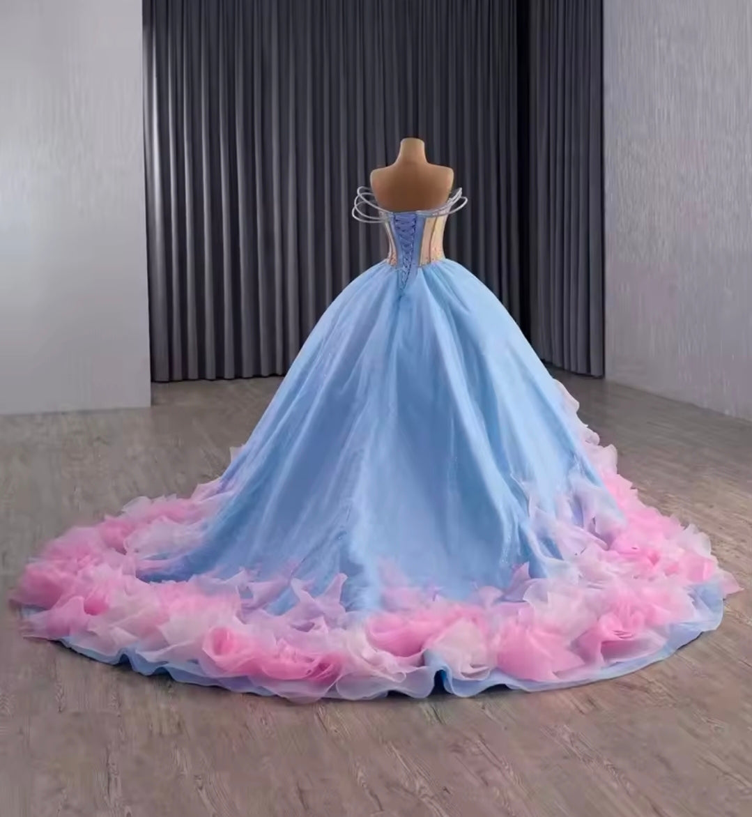 Triple Layer Beaded Strap Off The Shoulder Pink/Blue Scoop Neck With Multi Beaded Gold Touch A-Line Quinceañera/Special Occasion Gown