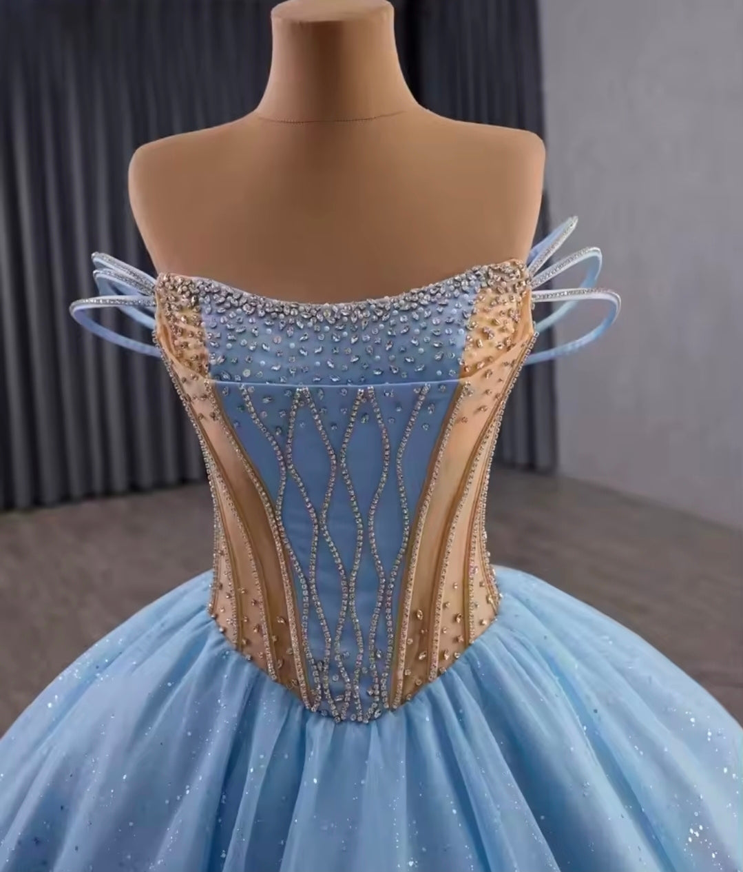 Triple Layer Beaded Strap Off The Shoulder Pink/Blue Scoop Neck With Multi Beaded Gold Touch A-Line Quinceañera/Special Occasion Gown