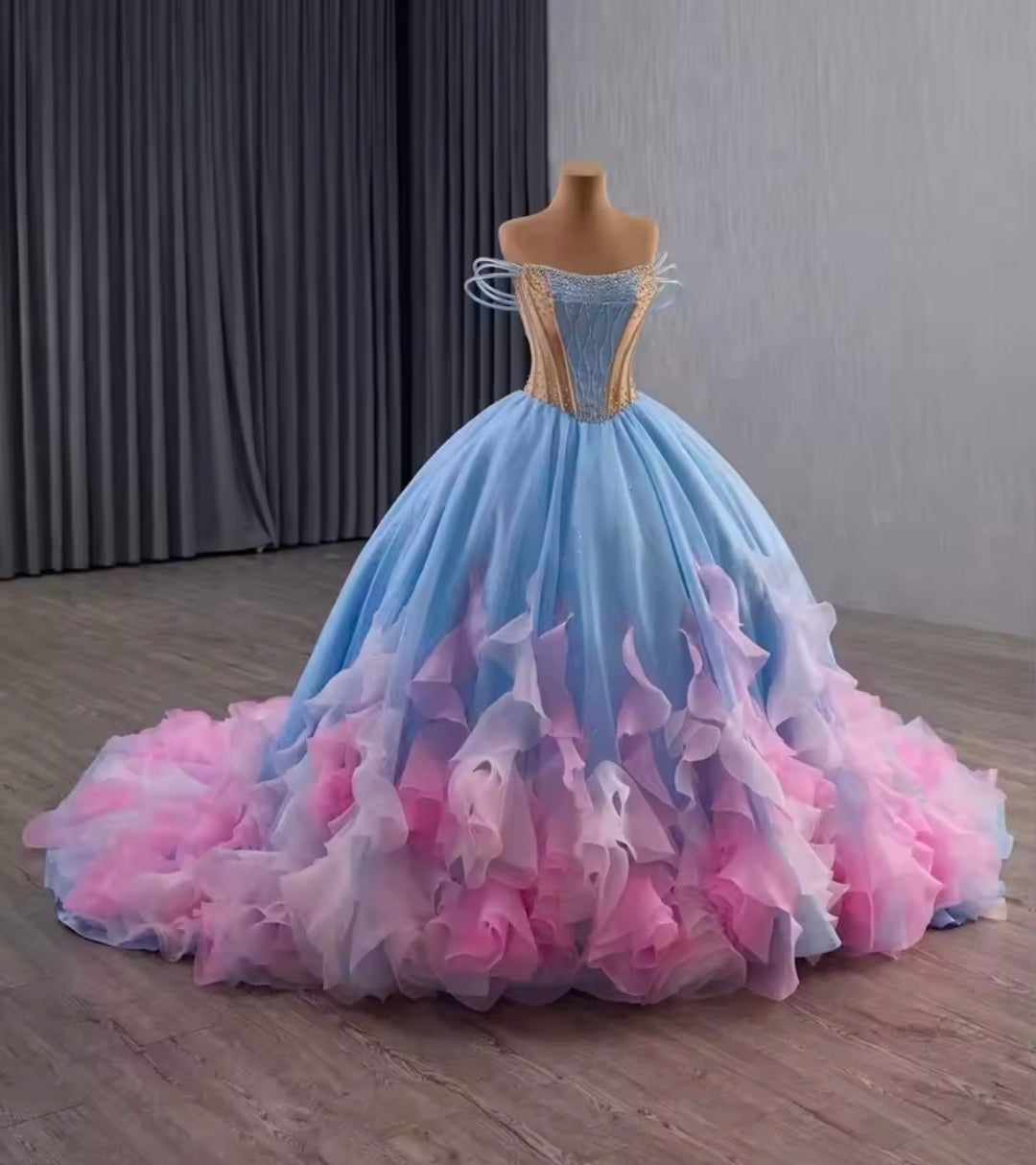 Triple Layer Beaded Strap Off The Shoulder Pink/Blue Scoop Neck With Multi Beaded Gold Touch A-Line Quinceañera/Special Occasion Gown