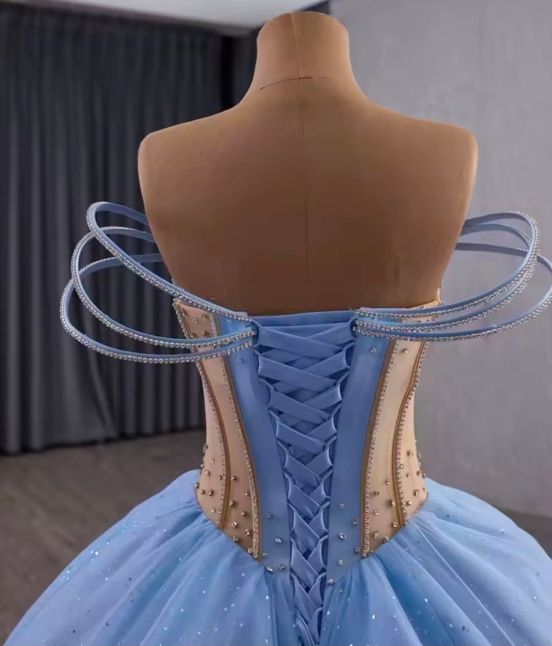 Triple Layer Beaded Strap Off The Shoulder Pink/Blue Scoop Neck With Multi Beaded Gold Touch A-Line Quinceañera/Special Occasion Gown