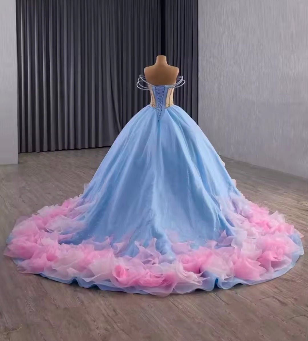 Triple Layer Beaded Strap Off The Shoulder Pink/Blue Scoop Neck With Multi Beaded Gold Touch A-Line Quinceañera/Special Occasion Gown