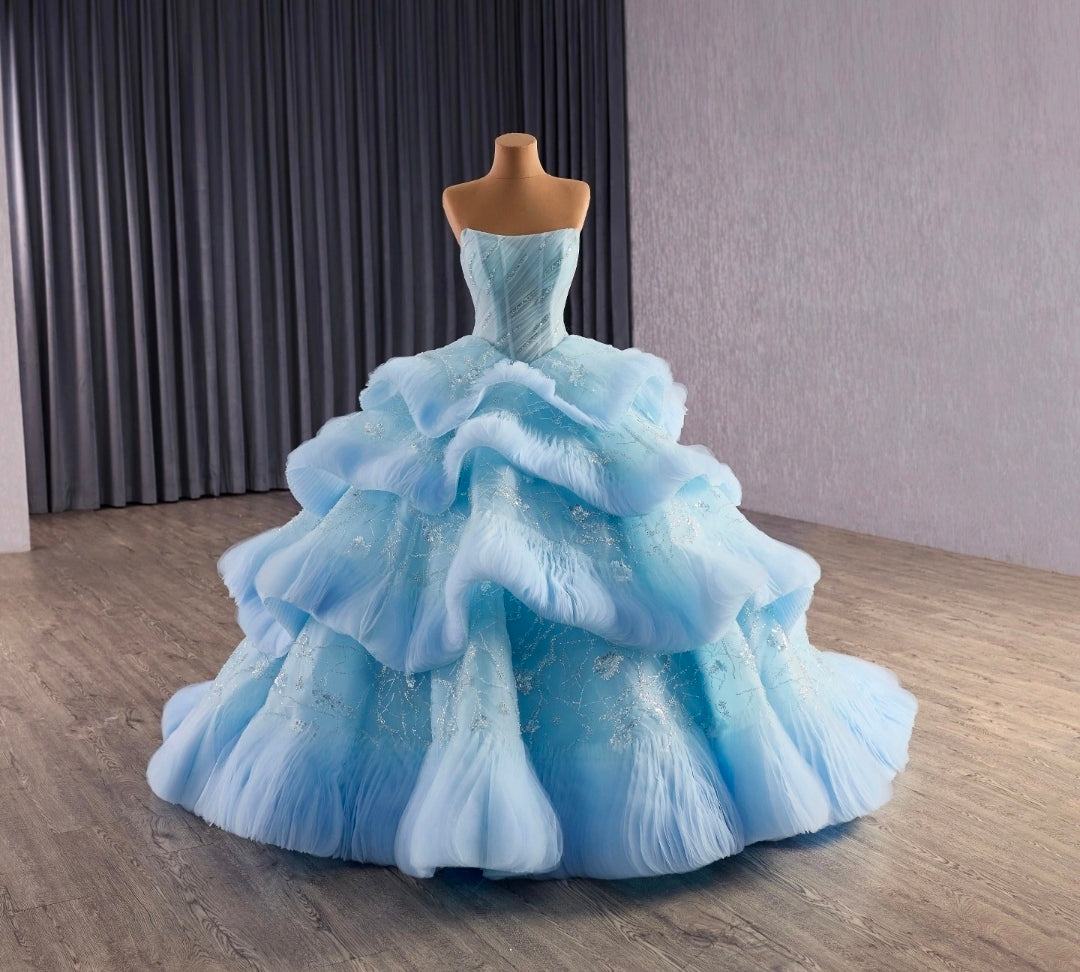 Strapless Scoop Neck Blue Bubble Layered Sequin Sparkled Blue A-Line Special Occasion/Quinceañera/Pageant Ball Gown