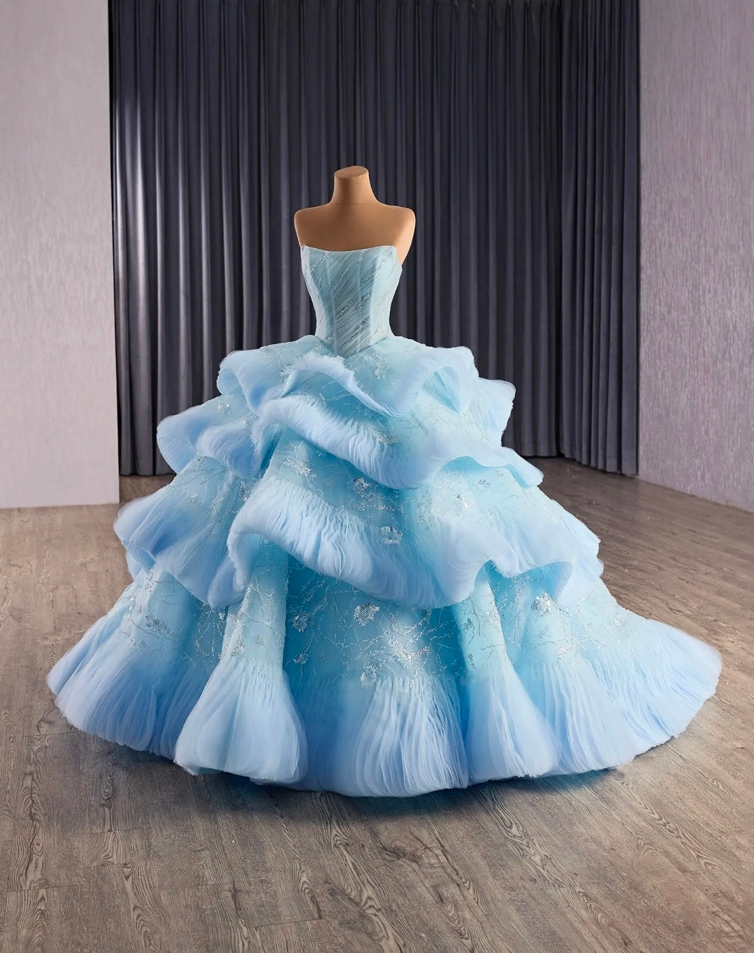 Strapless Scoop Neck Blue Bubble Layered Sequin Sparkled Blue A-Line Special Occasion/Quinceañera/Pageant Ball Gown