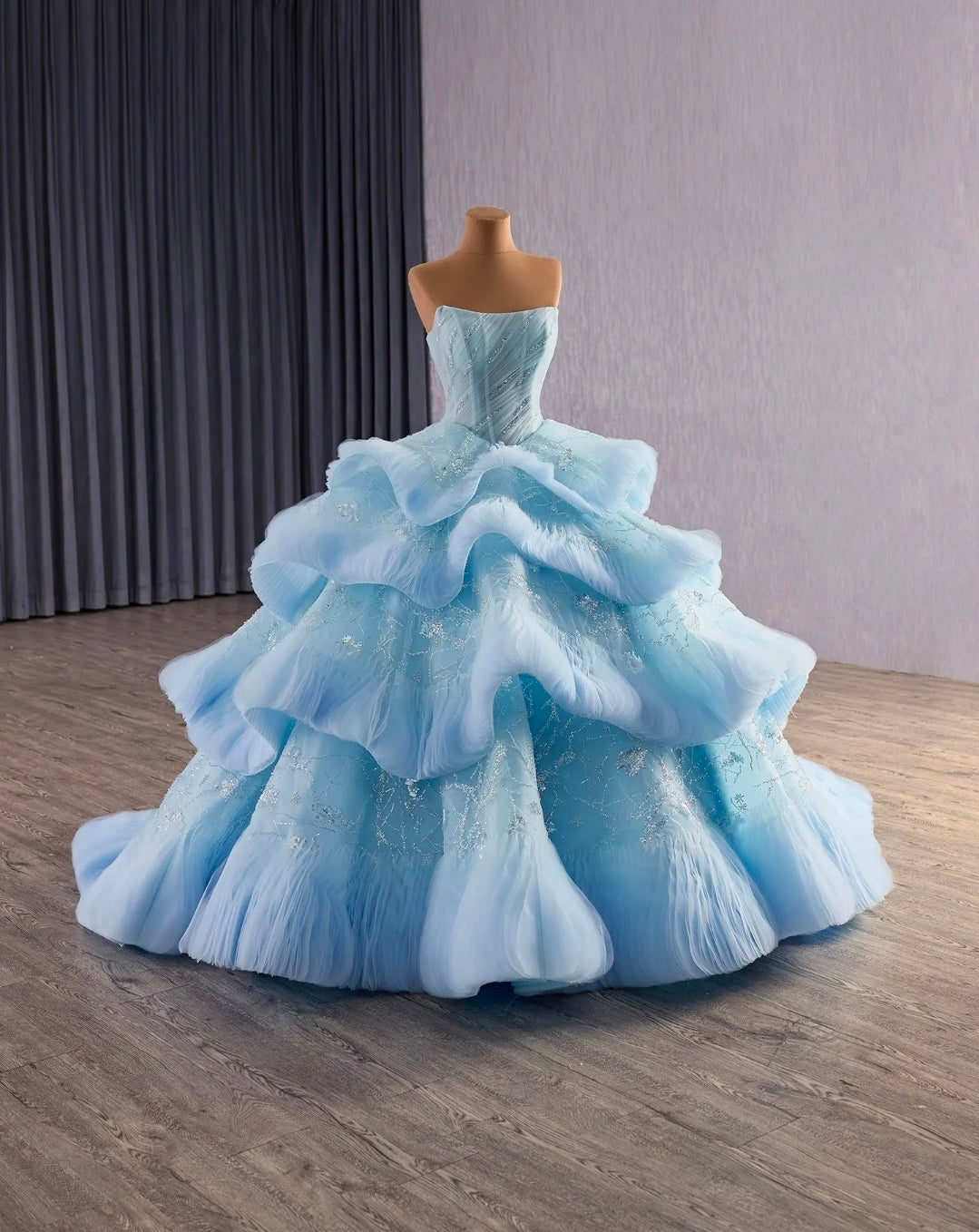 Strapless Scoop Neck Blue Bubble Layered Sequin Sparkled Blue A-Line Special Occasion/Quinceañera/Pageant Ball Gown