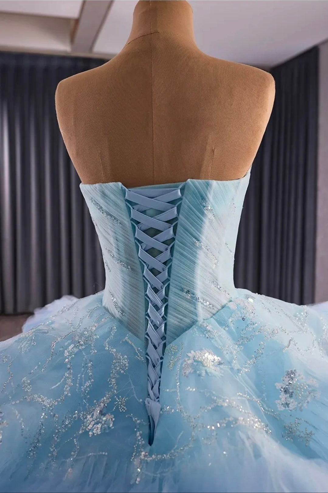 Strapless Scoop Neck Blue Bubble Layered Sequin Sparkled Blue A-Line Special Occasion/Quinceañera/Pageant Ball Gown