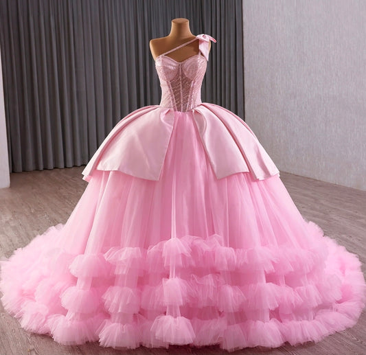 Gorgeous Pink Sweetheart Cross Shoulder Sparkling Beaded Corset Satin And Tulle Layered Quinceañera/Special Occasion Gown  With Shoulder Bow Detail